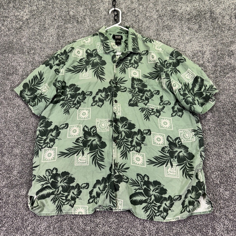 G.H. Bass & Co. Shirt Mens Large Green Hawaiian Short Sleeve Button Up Silk